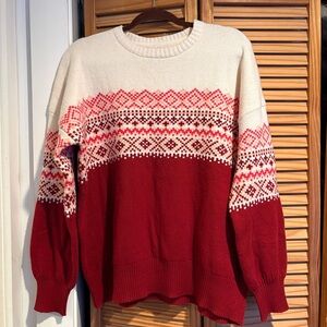 L.L. Bean women’s wool cotton red fair isle sweater medium cabincore cottagecore